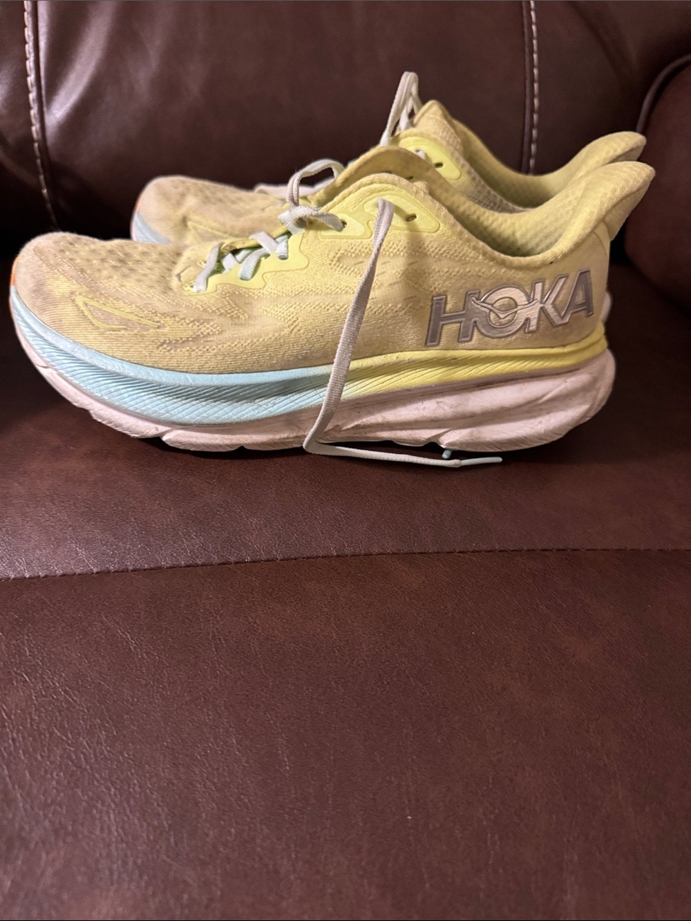 Hoka Women’s Clifton 9 Yellow and Light Blue Running Sneakers
